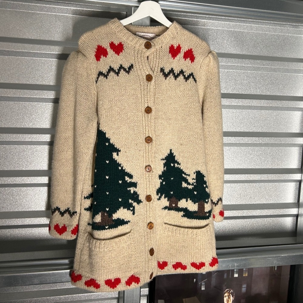 VINTAGE Concepts Susan Bristol Cardigan Womens M Beige Wool Heart Deer Pine Tree